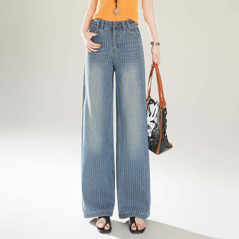 官方正品条纹烫钻春秋设计感复古高腰阔腿牛仔裤女蓝色宽松小众窄
