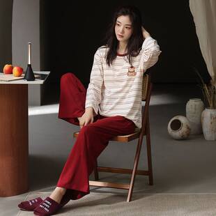 秋季 套装 新品 带胸垫纯棉拉架套头休闲长袖 居家舒 睡衣女款 官方正品