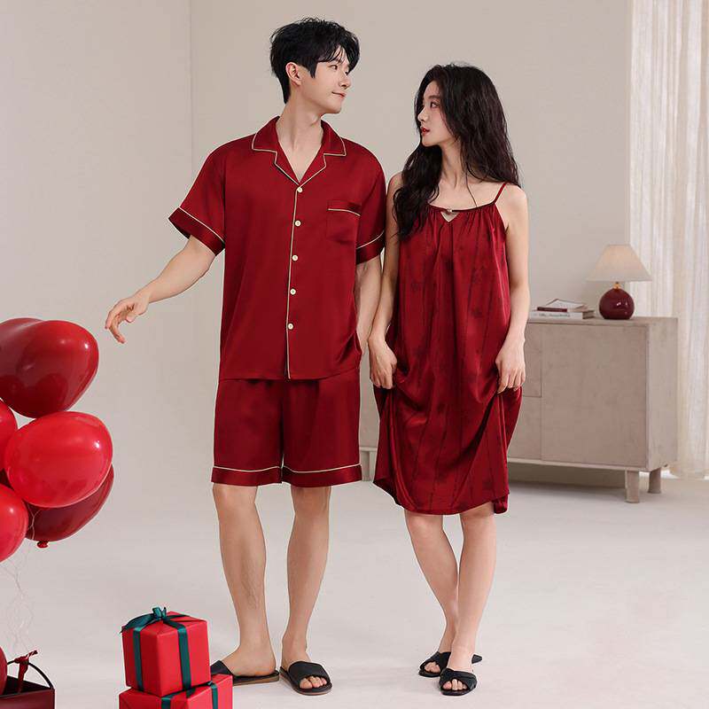 官方正品带胸垫结婚红色情侣睡衣夏季丝绸吊带睡裙女薄冰丝家居服