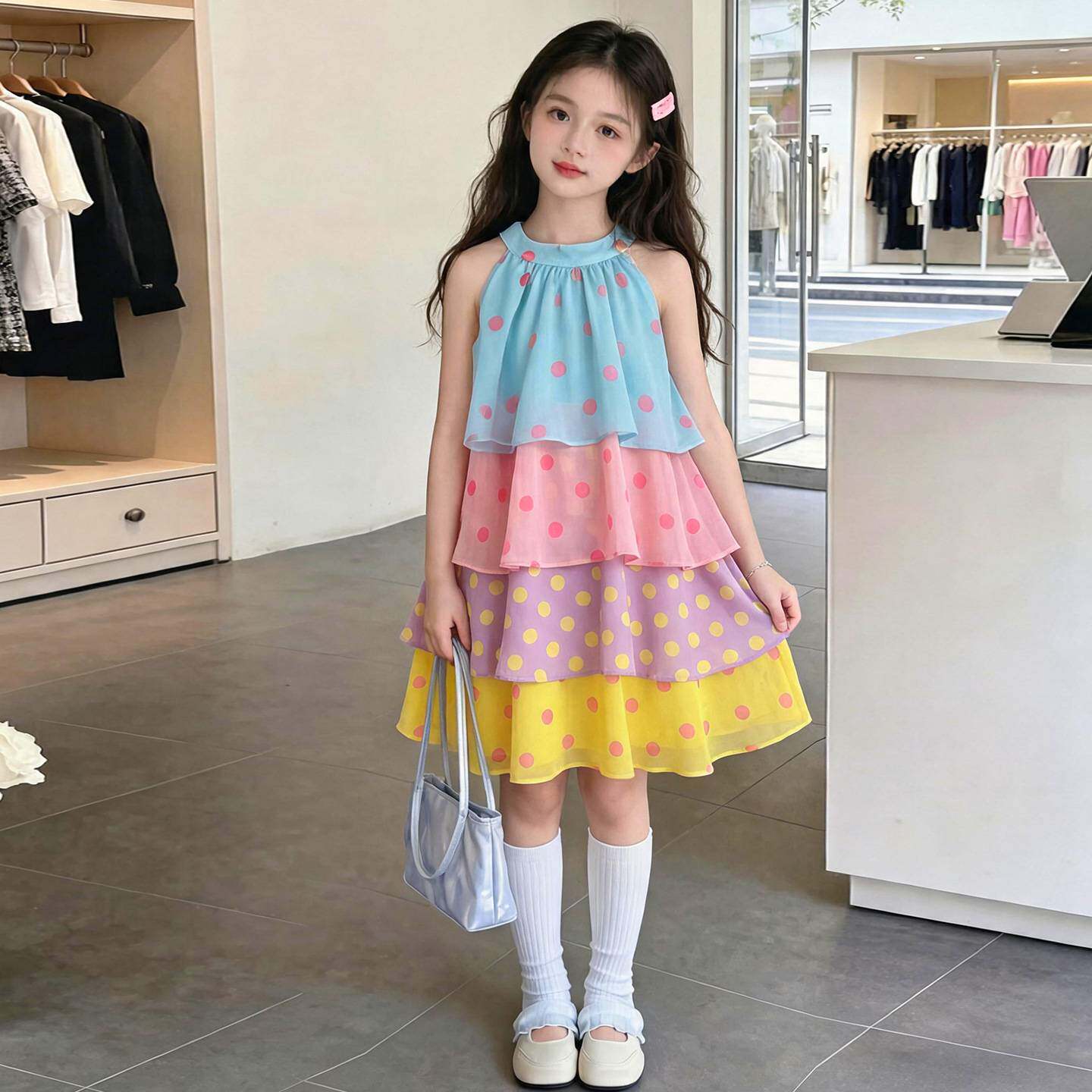 官方正品糖果少女中长款彩色无袖挂脖a字波点蛋糕连衣裙女夏季甜