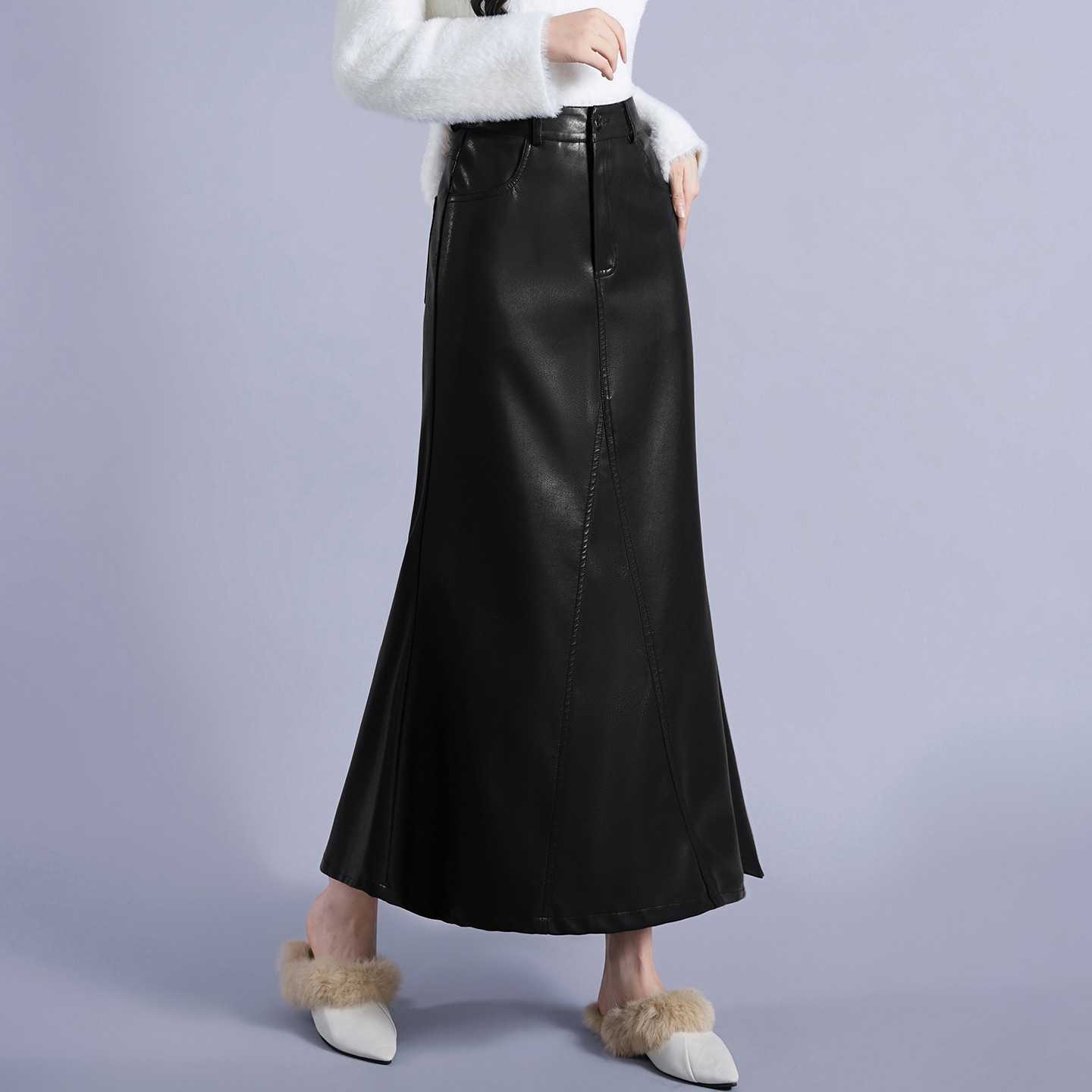 官方正品2026秋冬季新款纯色鱼尾半身裙皮裙女时尚高腰显瘦遮肉包