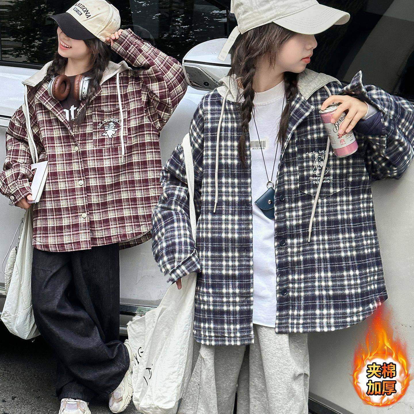 官方正品女童外套冬季2025新款大儿童装洋气夹棉加厚保暖格子衬衫