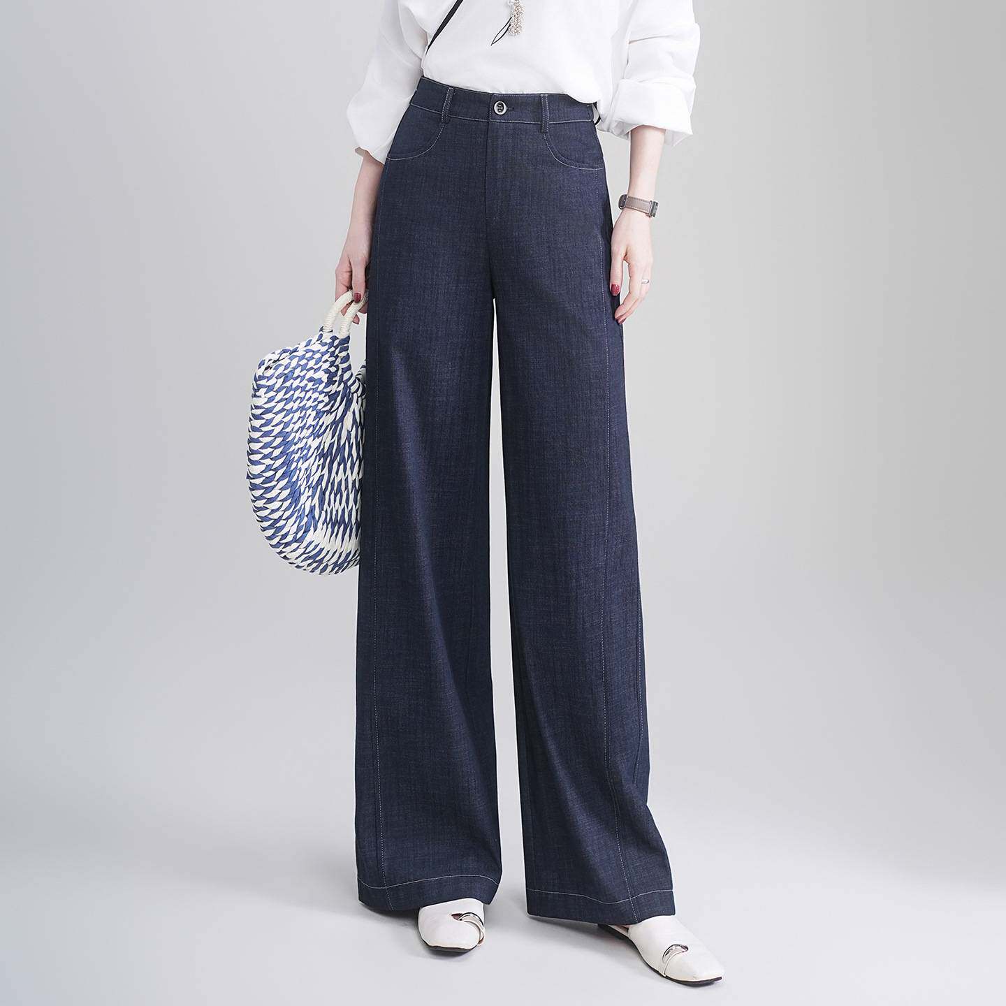 官方正品深蓝色牛仔阔腿裤女春季2026新款显瘦宽松洋气韩版垂感直