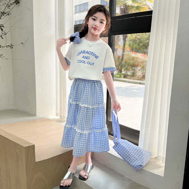 官方正品女童夏季学院风格子套装2026新款大童洋气甜美卡通T恤童