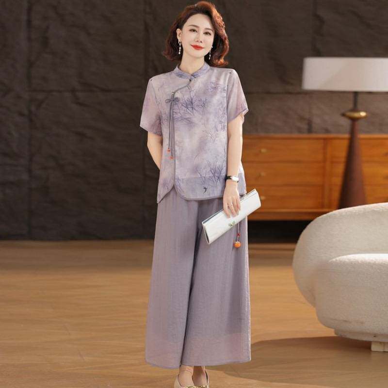 官方正品新中式妈妈夏季国风套装时尚新款中老年裙裤休闲汉服女两
