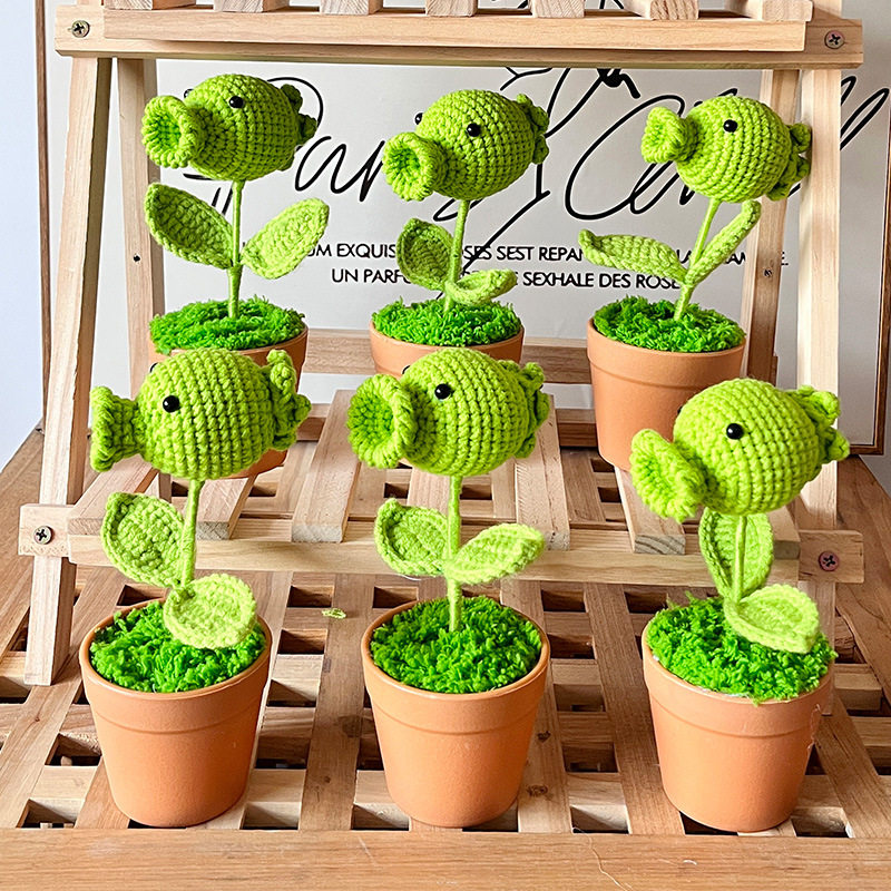 bibig杂货铺手工创意diy编织豌豆射手盆栽成品毛线向日葵桌面摆件