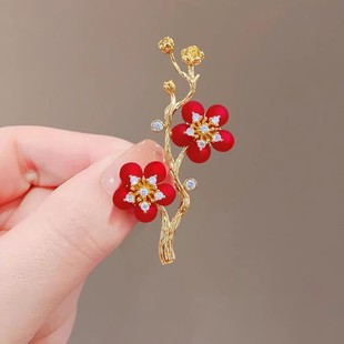 一枝红色梅花胸针高档女精致中国风旗袍压襟胸花气质西装别针配饰