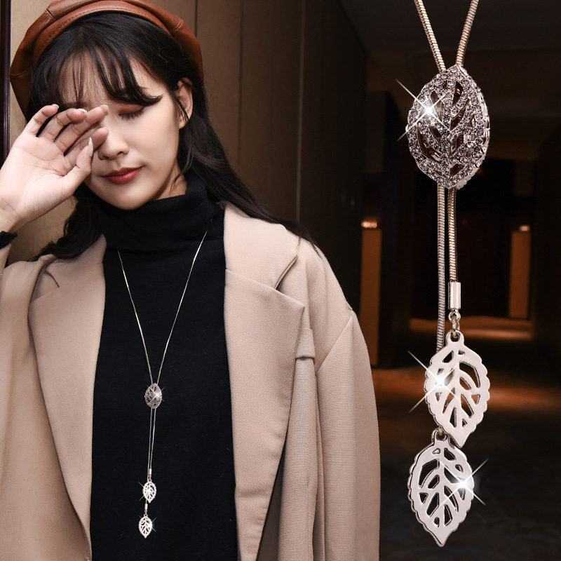 抽拉立体树叶毛衣链女 2023新款潮 秋冬韩版个性百搭长款项链配饰