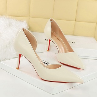 7cm 修脚单鞋 BIGTREE极简办公室细跟女鞋 侧镂空尖头高跟鞋