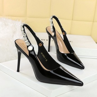 浅口后绊带细跟尖头露跟女单鞋 9cm黑色 高跟鞋 BIGTREE简约时尚