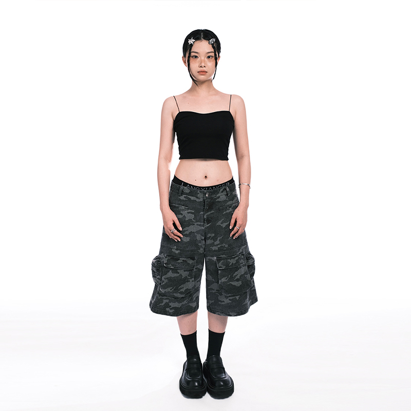 SHANSU原创喷染迷彩工装裤美式复古多口袋阔腿直筒七分短裤情侣潮