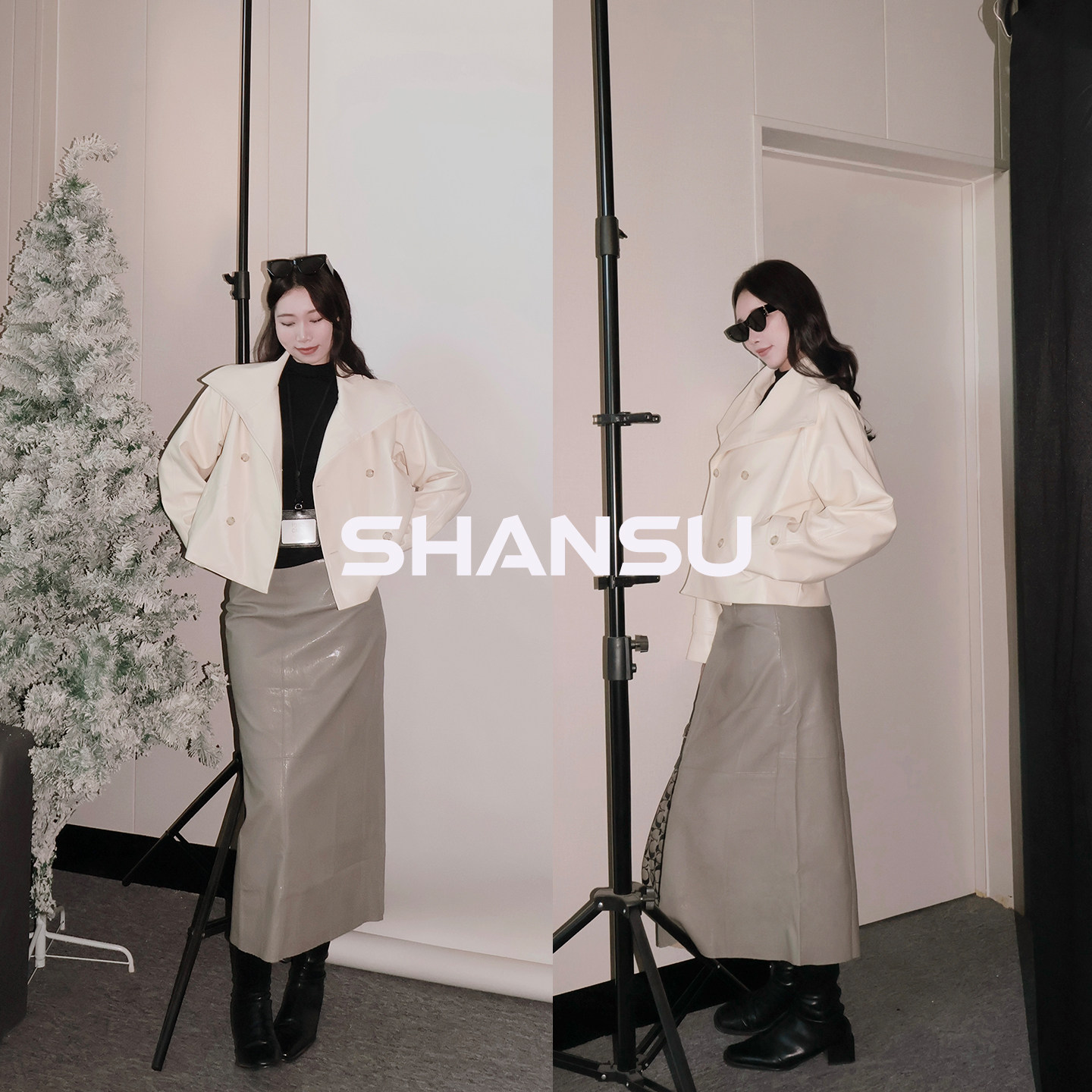 SHANSU新款2025秋冬韩版宽松显瘦潮流百搭短款米色皮衣外套女