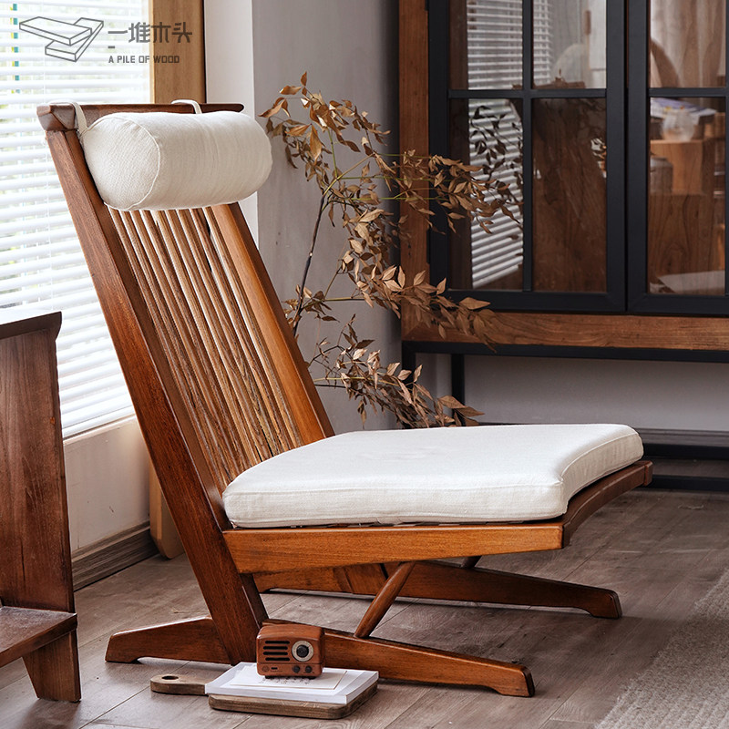 中岛乔治实木躺椅设计师客厅阳台高靠背中古沙发椅真皮日式侘寂风