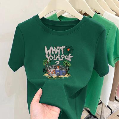 墨绿色t恤女短袖宽松正肩2025新款春夏季纯棉内搭打底衫显瘦上衣