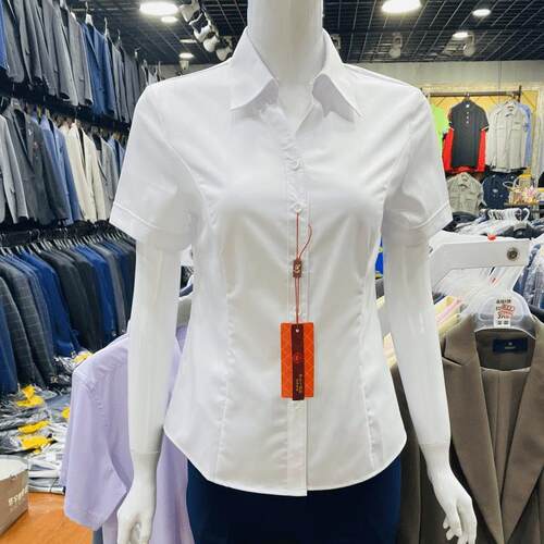 C165白色女V领短袖衬衫竹纤维免烫面试上班工作服职业装