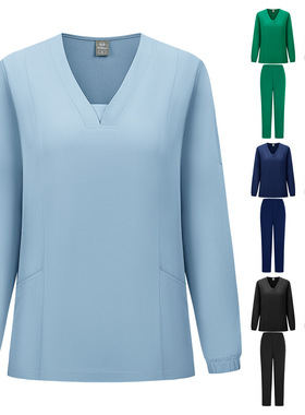 【七色现货现发】亚马逊V领长袖手术服美容院宠物医院工作服套装