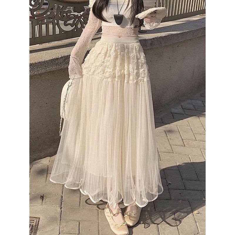 甜美法式立体高腰设计花朵感网网纱半身裙冬季新款小个子长裙裙子