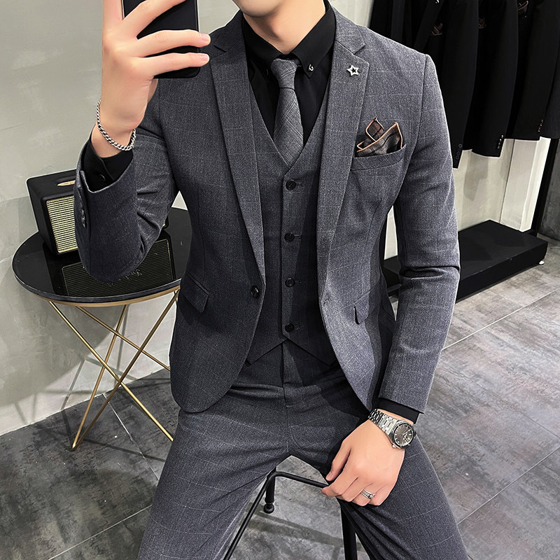 PLAID SUIT SUIT MENS SLIM KOREAN VERSION OF THE TREND SUIT RUFFIAN HANDSOME WEDDING GROOM DRESS BUSINESS FORMAL WEAR