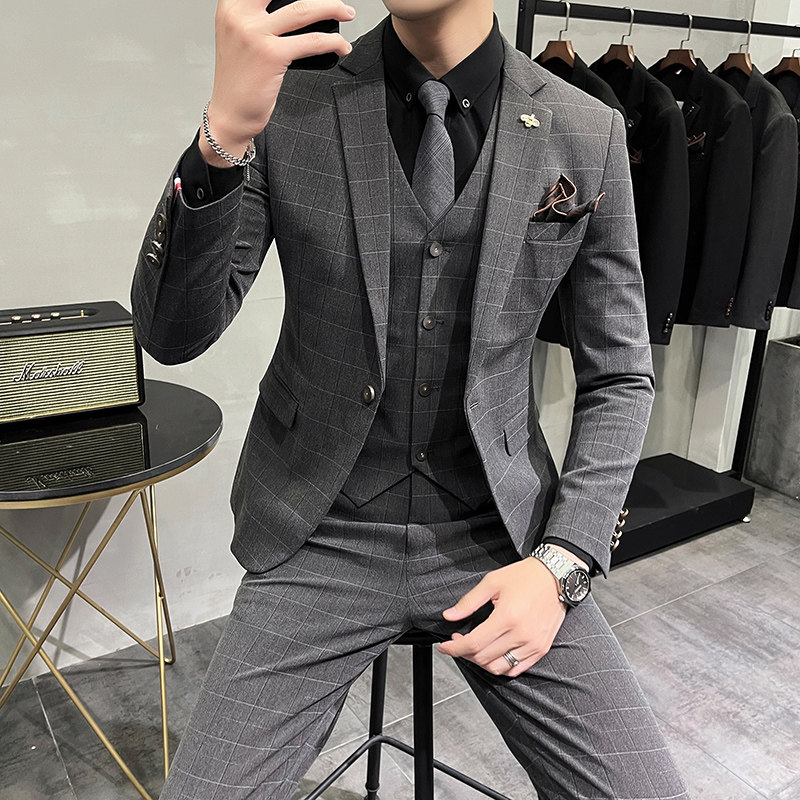 PLAID SUIT MENS SUIT KOREAN VERSION TRENDY HANDSOME LITTLE SUIT WEDDING GROOMS DRESS BRITISH STYLE SLIM AND HANDSOME