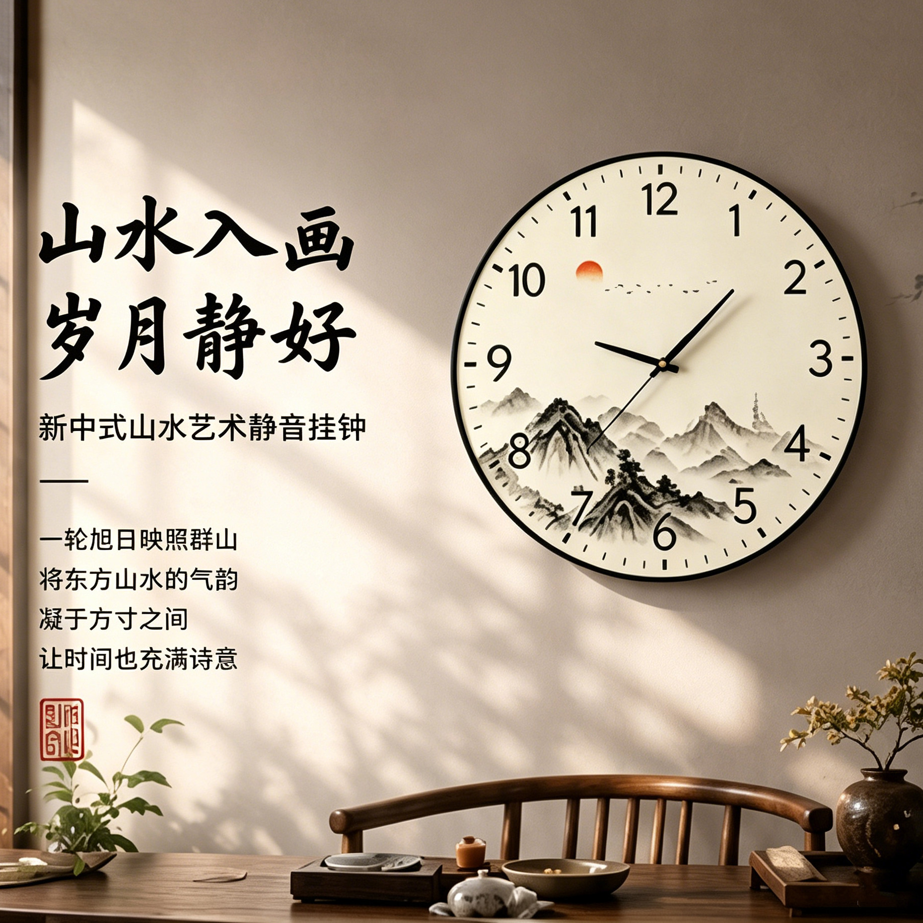新中式山水静音免打孔石英挂钟图片