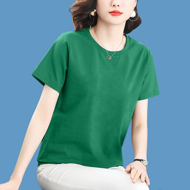 2026新款纯棉短袖t恤女夏装宽松大码翠绿色百搭纯色打底衫上衣