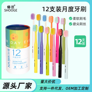 修洁星座月度桶装宽头牙刷成人家用12支装细软毛情侣旅行牙刷批发