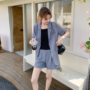 灰色气质短袖西装套装女2025夏季新款高级感轻薄小个子短裤两件套图片