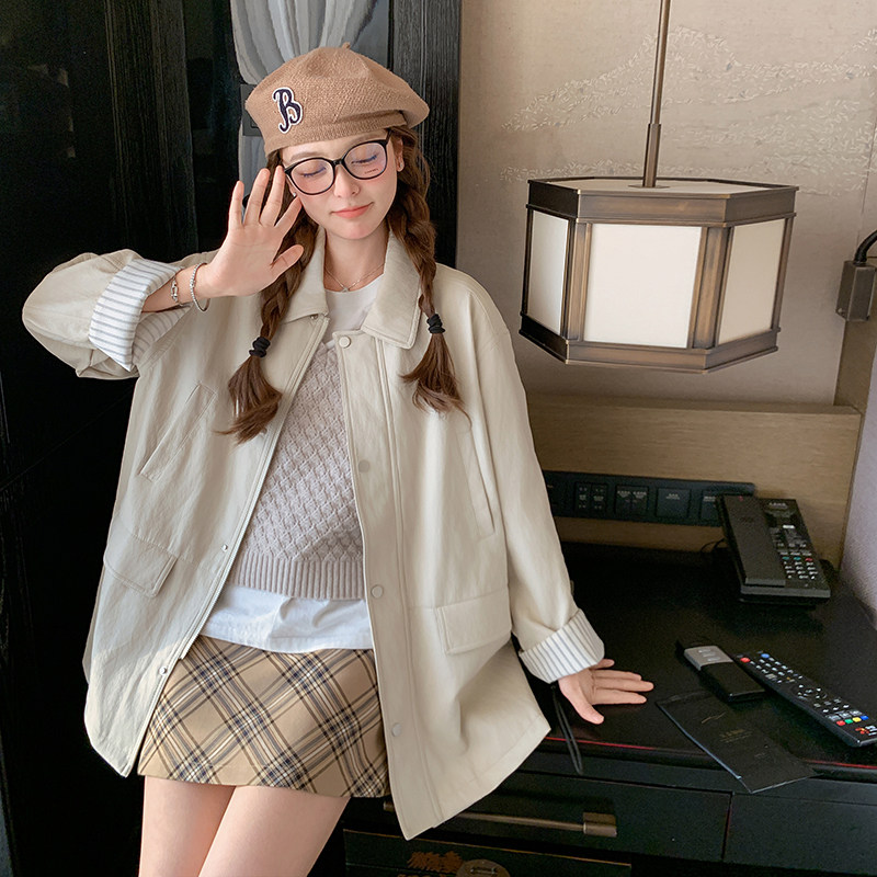 2025早春季新款超软PU蛋白皮风衣女中长款小个子条纹拼接皮衣外套,女装风衣,浙宝131