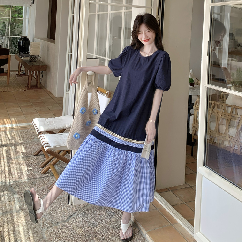 撞色拼接T恤连衣裙女2025夏季新款法式设计感宽松显瘦度假风长裙,女装连衣裙,浙宝131