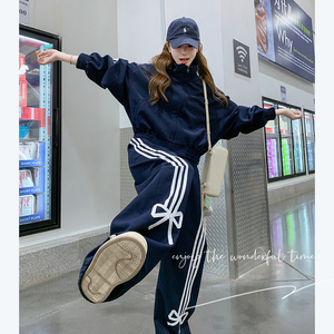 藏青色蝴蝶结卫衣运动套装女2025年秋季新款搭配一整套减龄两件套图片