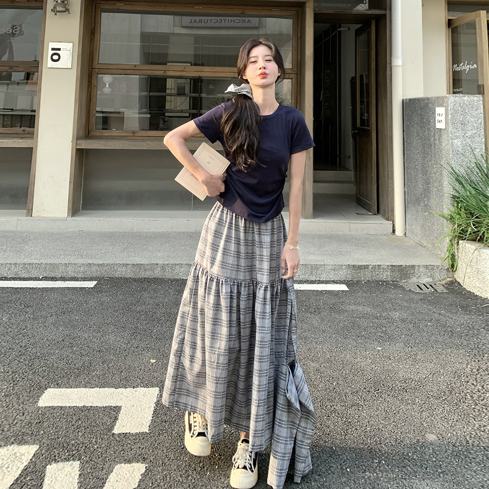 盐甜系减龄套装裙女2025夏季新款韩系学院风T恤格子半身裙两件套,女装套装/套裙,浙宝131