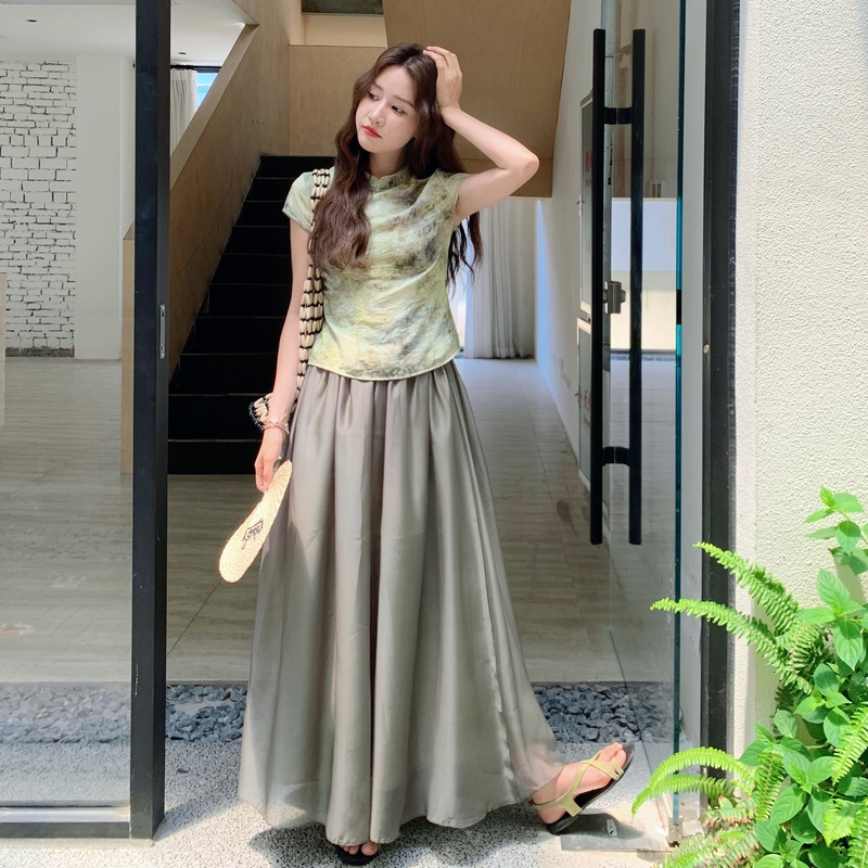 中式国风时尚气质百搭显瘦2025夏新款新短袖上衣高腰半身裙两件套，女装套装/套裙，象礼