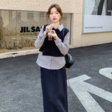 藏青色休闲套装裙女2025春季新款条纹拼接假两件上衣半身裙两件套，女装套装/套裙，象礼