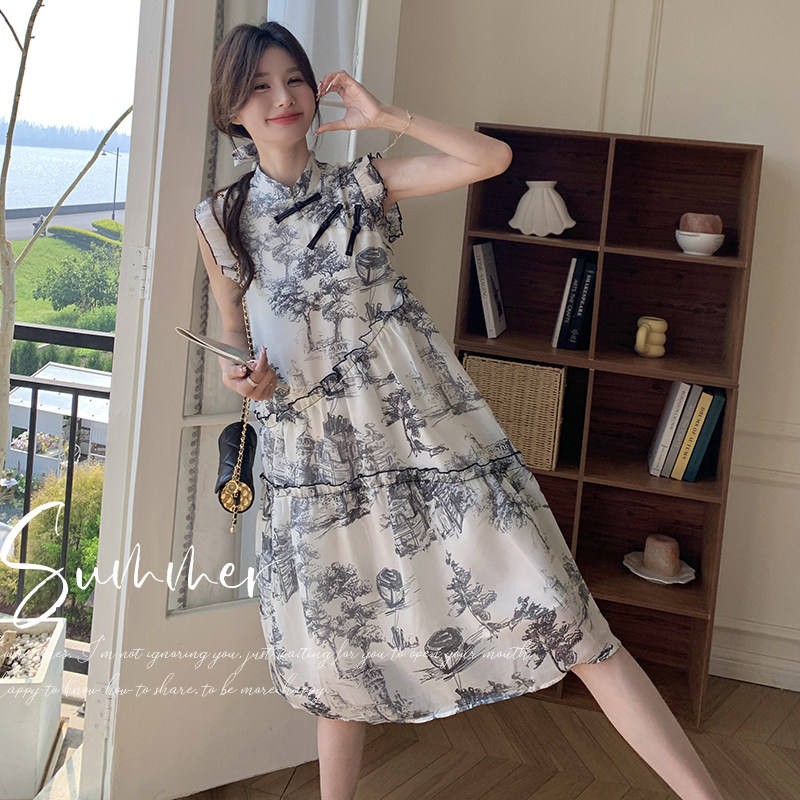水墨画盘扣国风连衣裙女夏2024新款飞飞袖洋气a字裙韩版宽松爆款,女装连衣裙,浙宝131