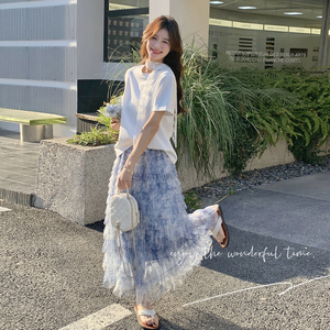 超仙短袖T恤扎染网纱蛋糕裙套装女2025夏季新款超好看气质两件套图片