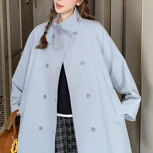 学院风蓝色收腰风衣外套女202早5春季新款日系休闲韩版中长款大衣图片