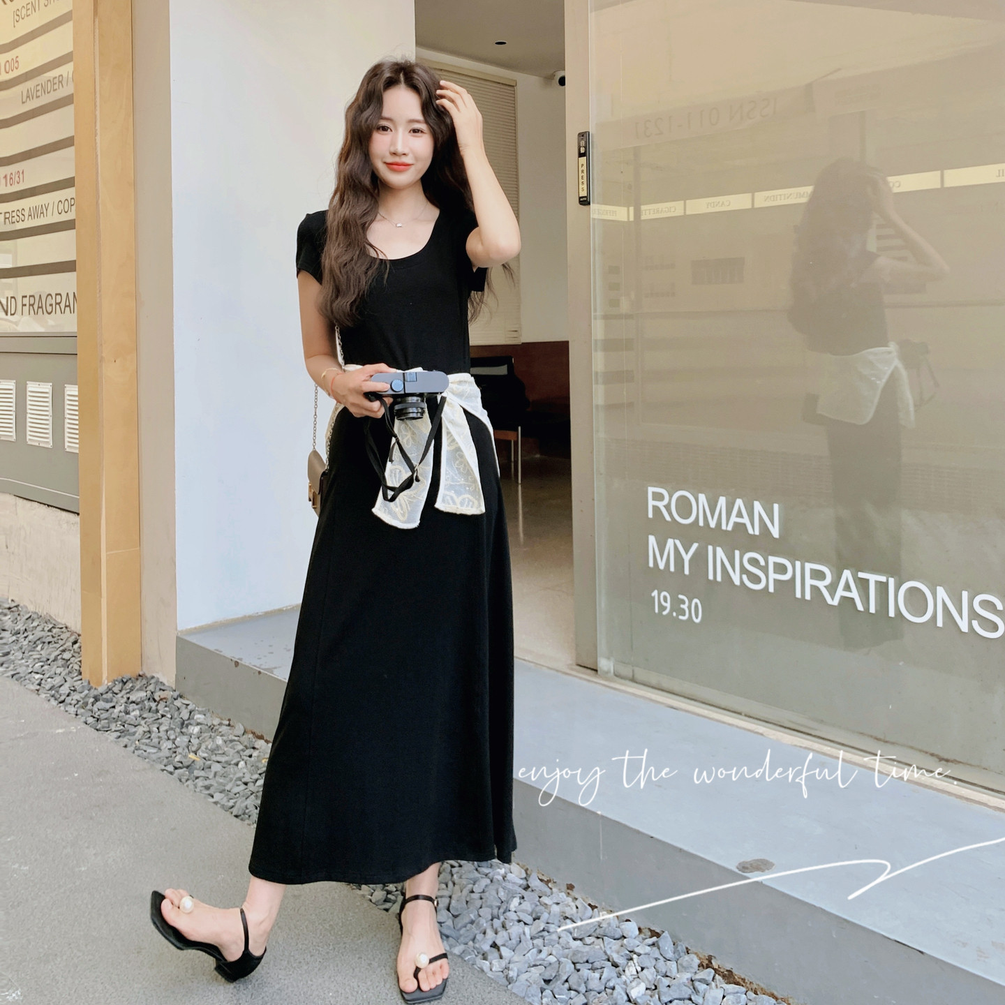 时尚气质连衣裙女2025夏季新款简约黑色圆领高腰显瘦长裙A字裙,女装连衣裙,浙宝131