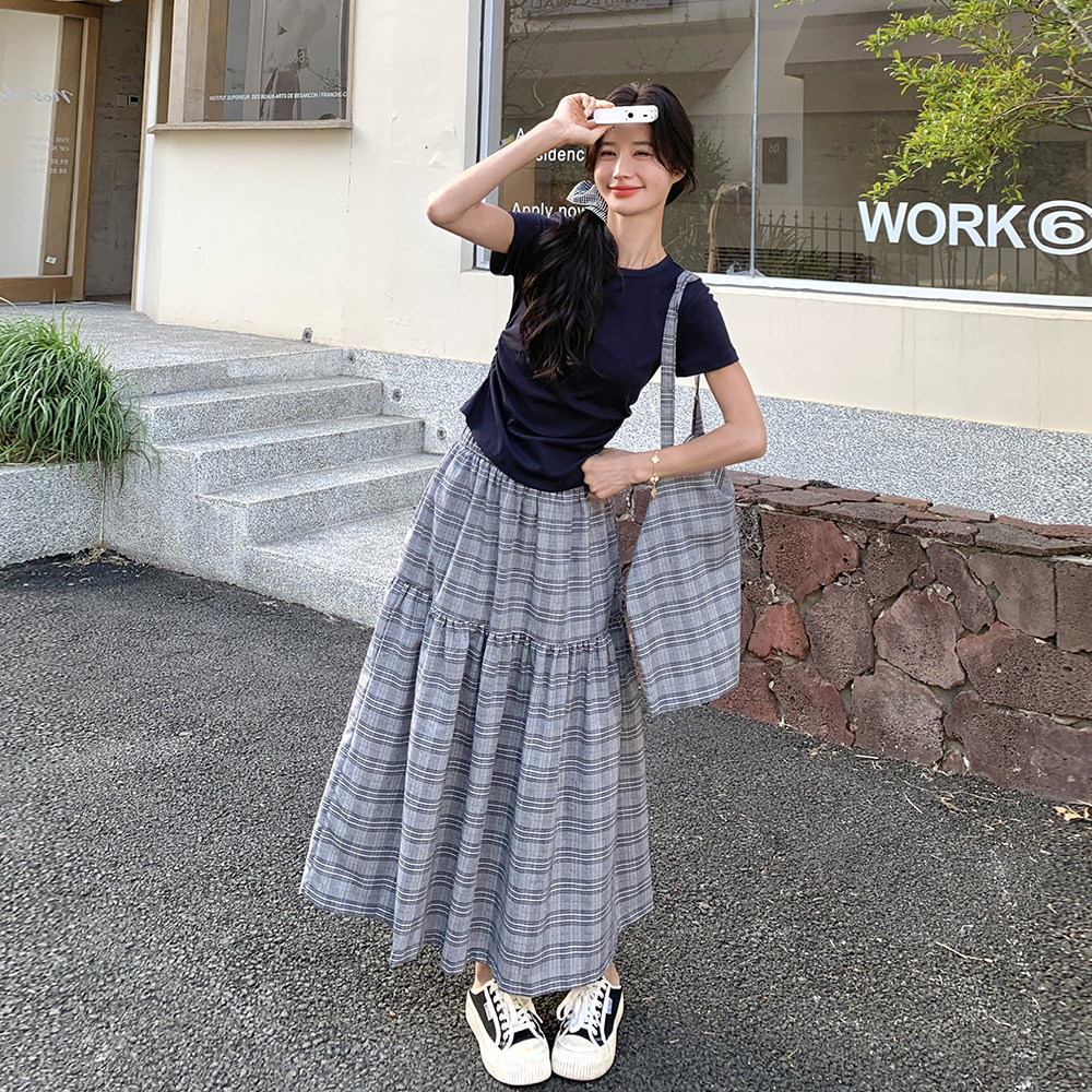盐甜系减龄套装裙女2025夏季新款韩系学院风T恤格子半身裙两件套,女装套装/套裙,浙宝131