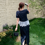 2025夏季新款法式复古蕾丝花边气质牛仔上衣高腰半身裙淡人两件套，女装套装/套裙，象礼