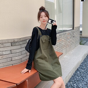 春装韩版假两件连衣裙女早春秋2025年新款设计感宽松军绿色背带裙图片