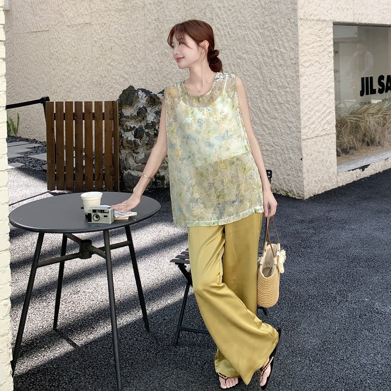 设计感国风薄纱印花背心阔腿裤套装女2025夏季新款时尚气质两件套,女装套装/套裙,浙宝131