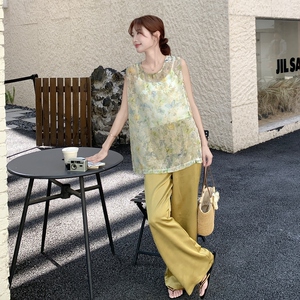 设计感国风薄纱印花背心阔腿裤套装女2025夏季新款时尚气质两件套
