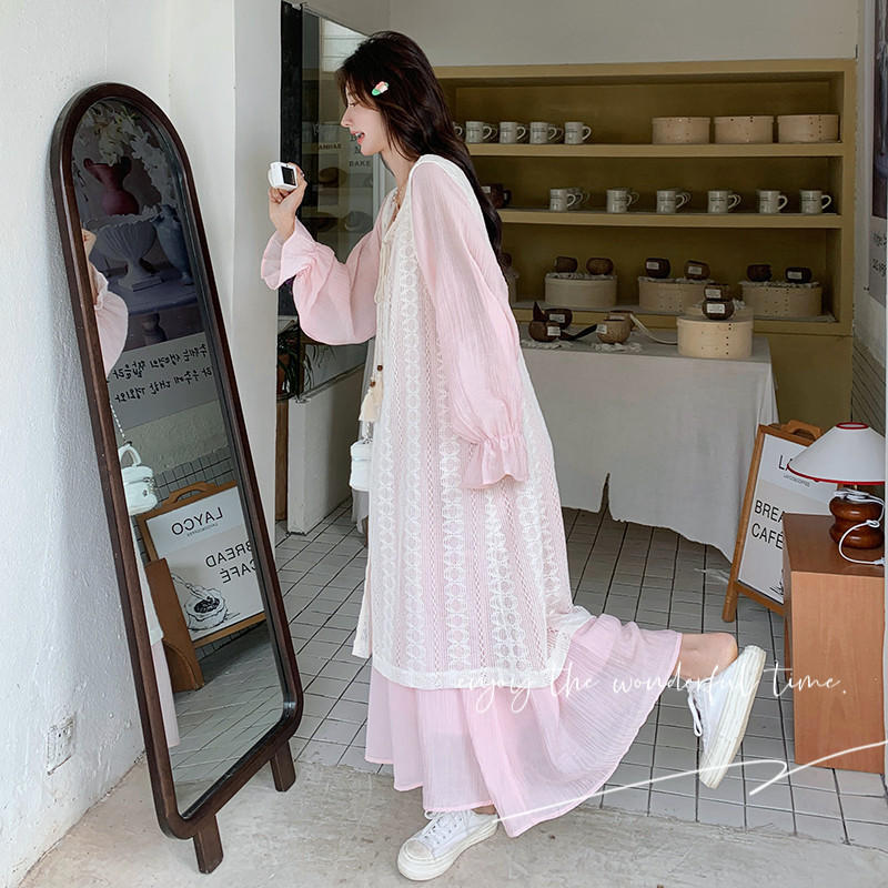 粉色甜美减龄连衣裙女2025春新款宽松显瘦钩花罩衫长裙,女装连衣裙,浙宝131