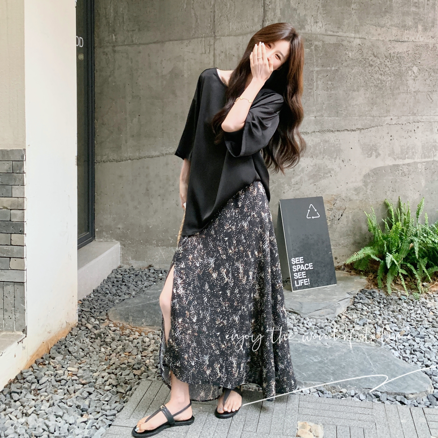清甜宽松温柔氛围感T恤套装女夏季2025甜美风A字碎花半身裙两件套，女装套装/套裙，象礼