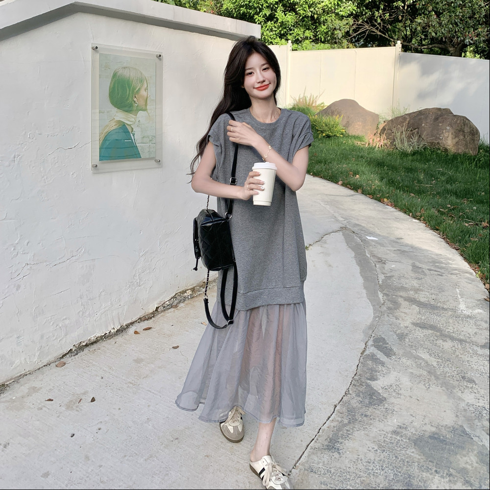 灰色网纱拼接卫衣连衣裙女2025夏季新款韩系慵懒风宽松小个子长裙,女装连衣裙,浙宝131