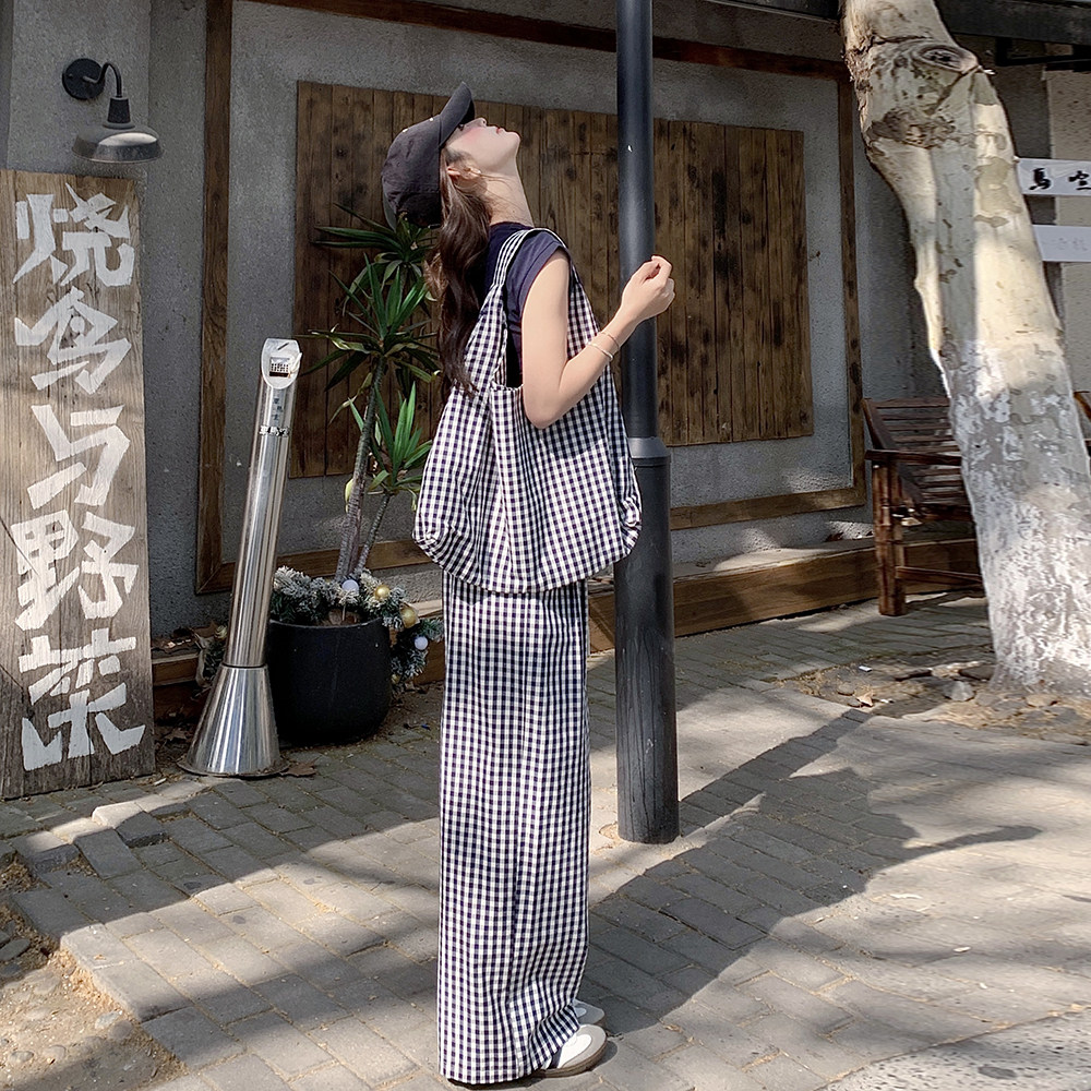 韩系慵懒气质套装女2025夏日穿搭一整套时尚T恤格子阔腿裤两件套,女装套装/套裙,浙宝131