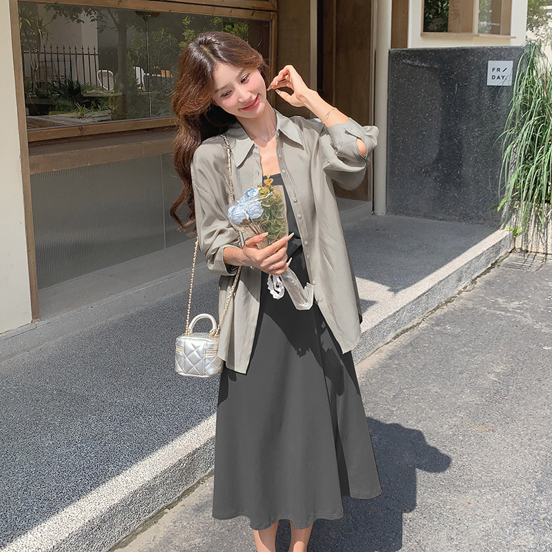 吊带裙外搭防晒衬衫外套2025新款夏季女高级气质温柔两件套连衣裙,女装西装,浙宝131