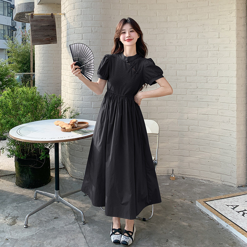 新中式国风蓝色泡泡袖连衣裙女夏2025新款高级感改良旗袍收腰长裙,女装连衣裙,浙宝131