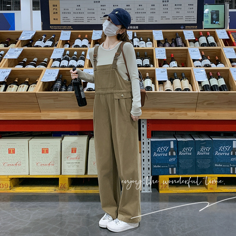 卡其色休闲背带裤女2025春季新款韩系学院风抽绳收腰小个子阔腿裤,女装连体裤,浙宝131