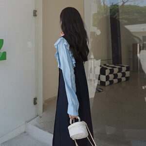高级感法式假两件连衣裙女2025春秋木耳边v领双排扣显瘦雪纺长裙图片